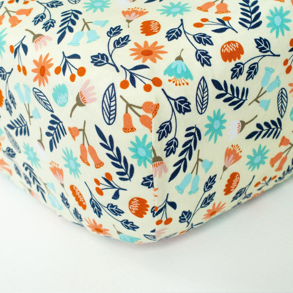 Cream Fitted Crib Sheet with Aqua, Navy, & Coral Florals - Grey Duck & Co.