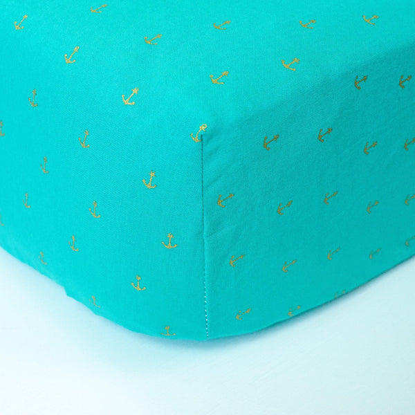 Teal Fitted Crib Sheet with Gold Anchors - Grey Duck & Co.
