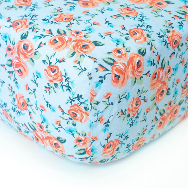 Light Blue Crib Sheet with Pink Floral - Grey Duck & Co.