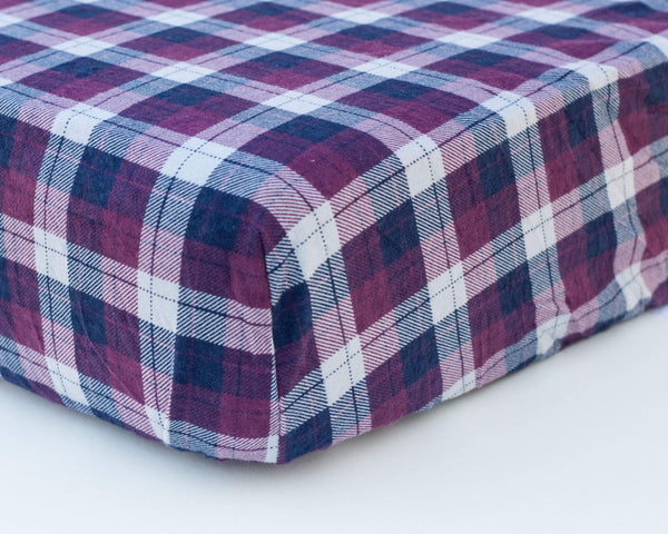 Purple & Navy Blue Plaid Infant Flannel Crib Sheet - Grey Duck & Co.