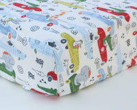 Animals Driving Racecars Infant Flannel Crib Sheet - Grey Duck & Co.