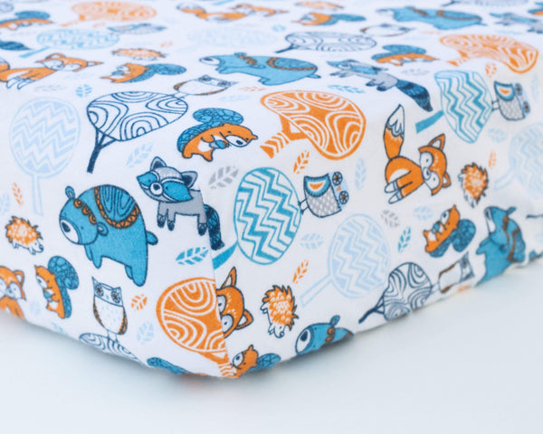 Blue & Orange Woodland Animals Infant Flannel Crib Sheet - Grey Duck & Co.