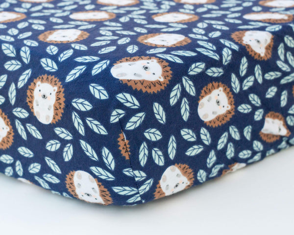 Navy Blue Hedgehog Infant Flannel Crib Sheet - Grey Duck & Co.