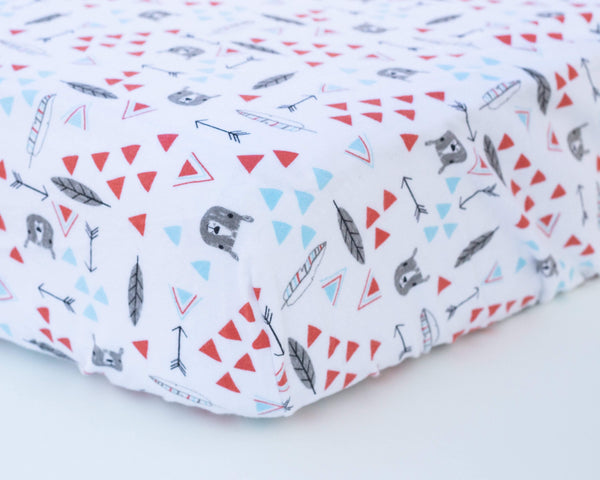 Bear, Feather, & Triangle Infant Flannel Crib Sheet - Grey Duck & Co.