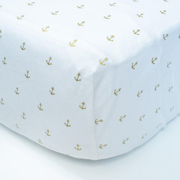 White Fitted Crib Sheet with Gold Anchors - Grey Duck & Co.